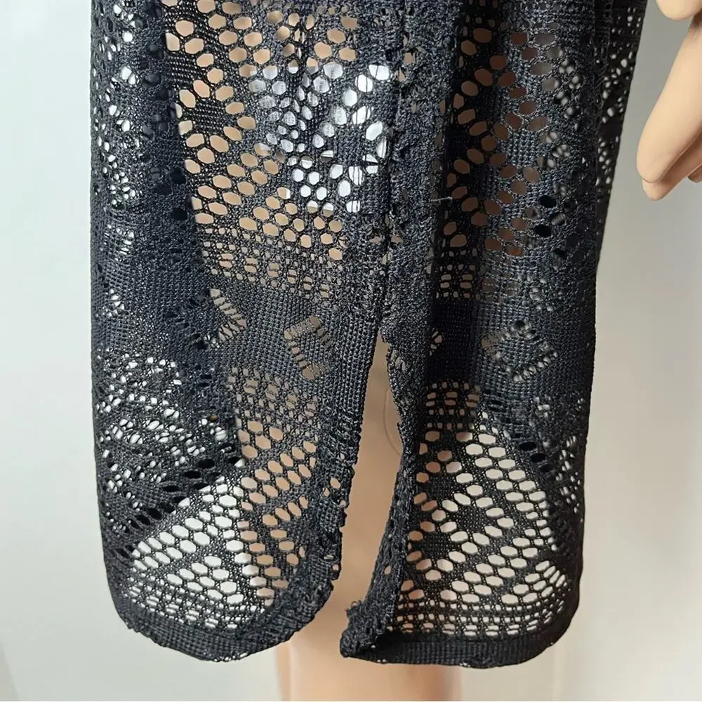 New Anne Cole Black Lace Long Sleeve Crochet Cinch Waist Swimsuit Coverup